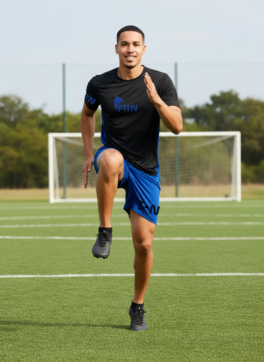 FITN Black and Blue Outfit Soccer Field Action Shot