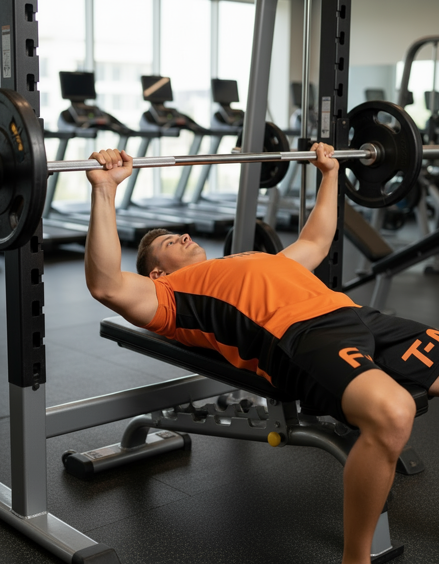 FITN Orange Athletic Outfit on Bench Press - Side View