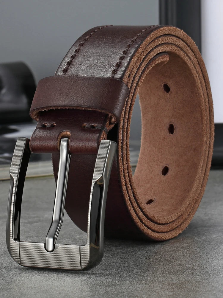 Men's Classic Genuine Leather Belt - Premium Cowskin with Sturdy Metal Buckle