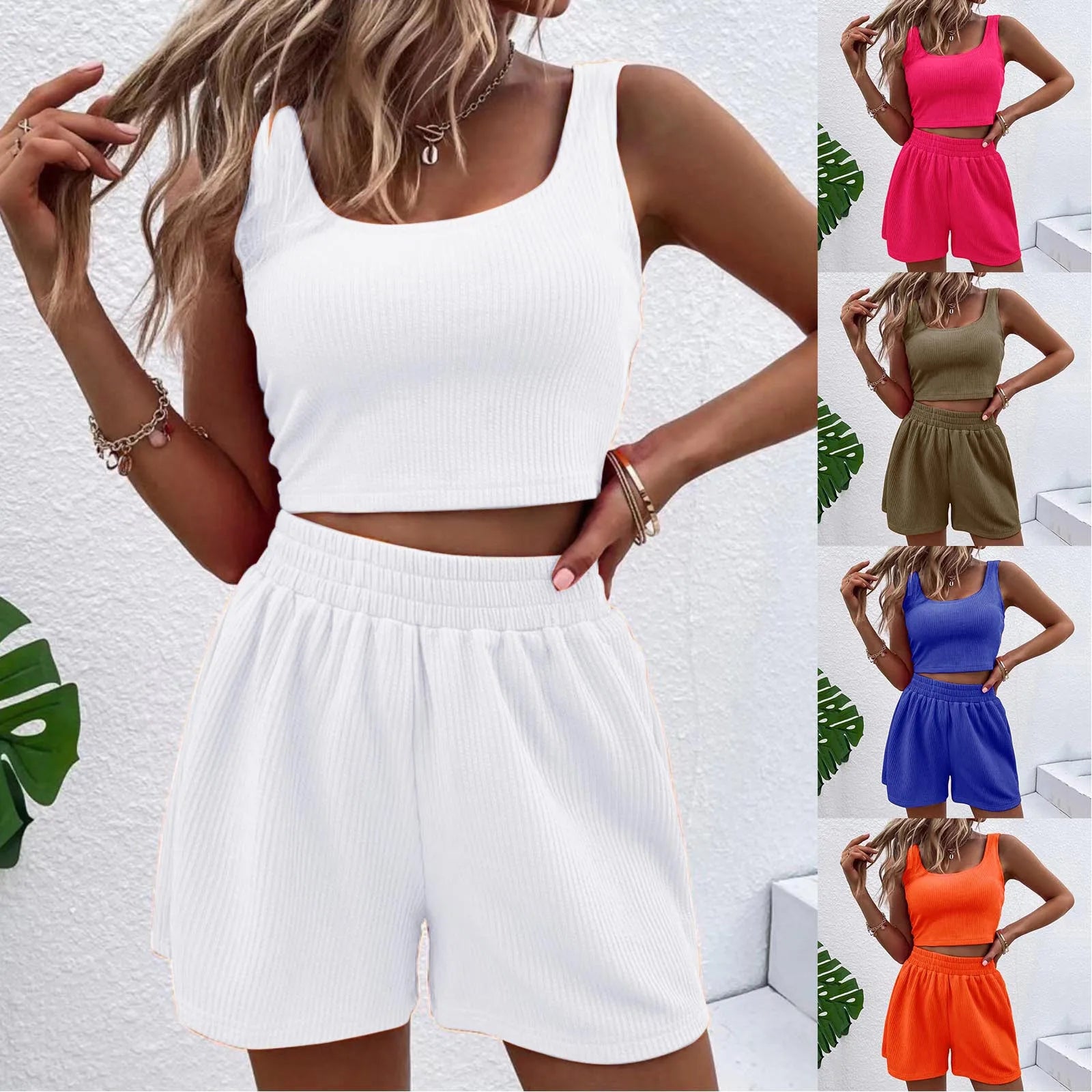 Trendy Two-Piece Summer Outfit - Sleeveless Crop Top & High-Waisted Shorts