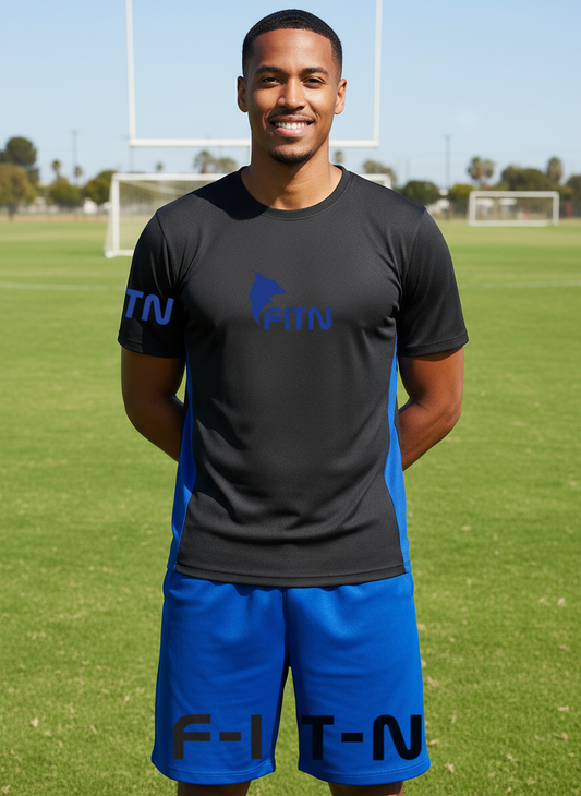 FITN Black and Blue Outfit Soccer Field Lifestyle